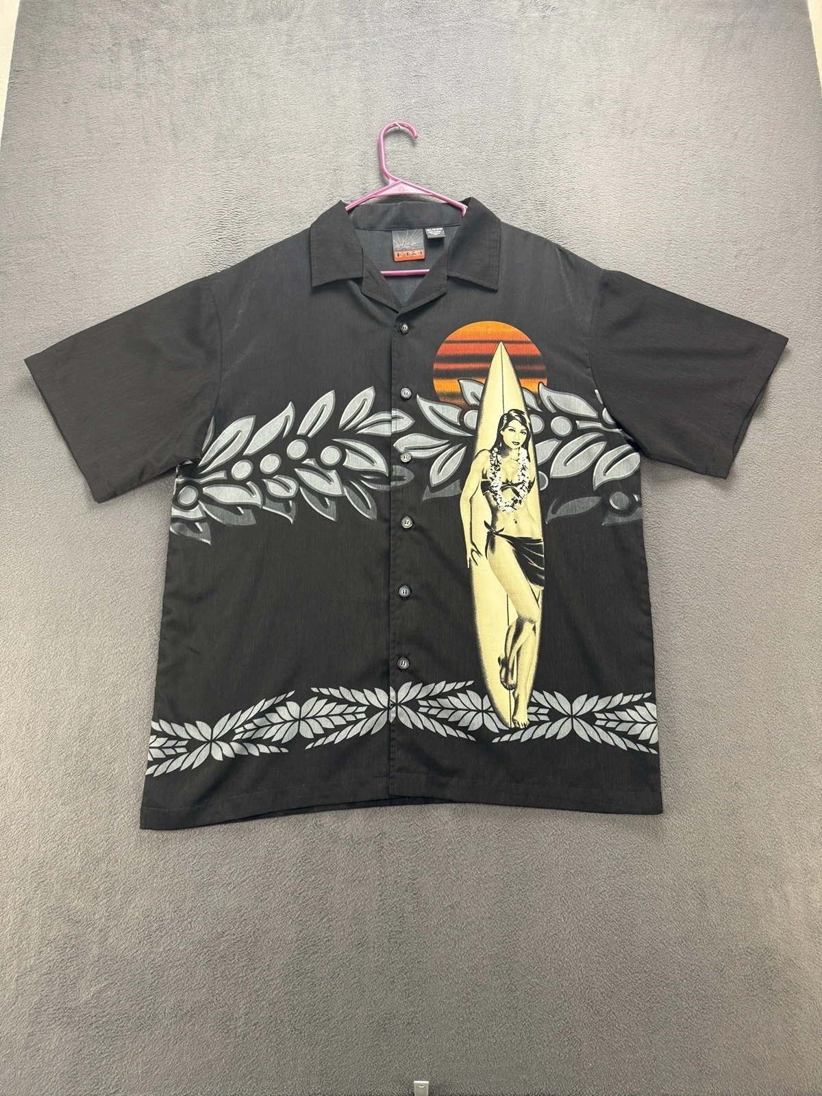 C-Two Hawaiian Shirt XL Black Surfer Girl Sunset Aloha Button Up Beach Party Y2K