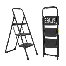 3.5 Ft. Reach 3-Step Black Iron Ladder Foldable Non-Slip Outdoor Ladder Loading