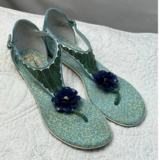 Poetic Licence Women's Size 9 Blue/Green Snake Print Flower Thong Sandal Casual