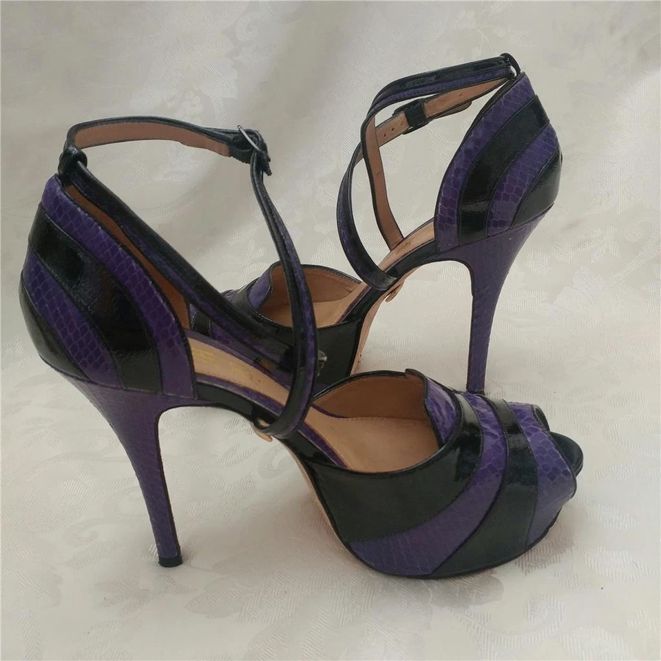 Zapatos de plataforma LAMB Gwen Stefani tacón alto punta abierta 8,5 charol serpiente Foto 3 de 4