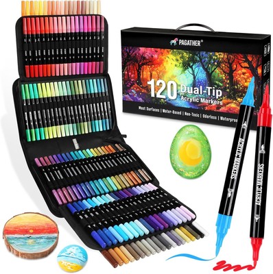 120 Colors Acrylic Paint Markers, Dual Tip Fine and Brush Tips Pens Contain