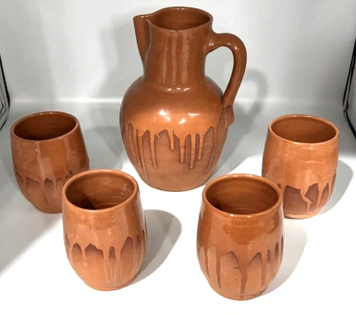 VTG Handmade Terracotta Set Clay Pitcher + 4 Goblet Tumbler Cup Mug Drip Glaze