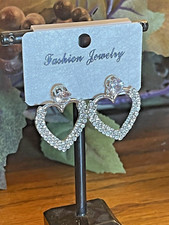 Heart - Shaped Pierced Post Back White Rhinestone Earrings Silver Women Teens