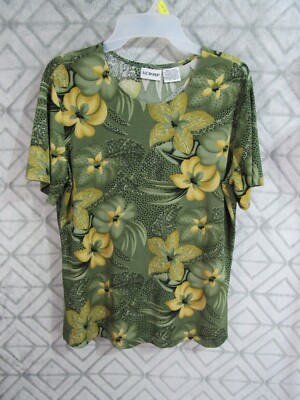 Liz Baker Top Size S Green Floral Round Neck Pull Over Short Sleeve Casual Work