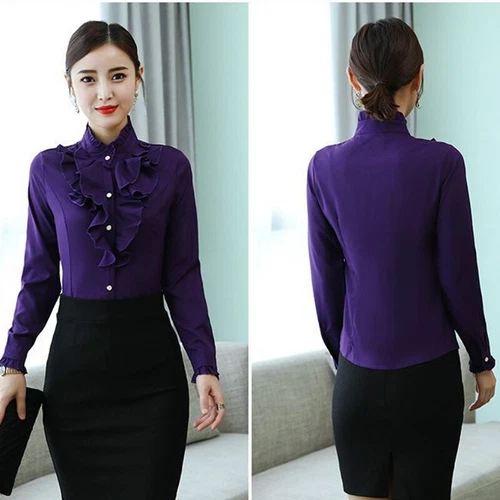 Camisa Blusa Top Oficina Dama Cuello Alto Volantes Manga Larga Calce Ajustado Formal - Imagen 10 de 23