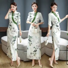 Chinese Style Floral Long Qipao Dress Side Slit Cheongsam Party Elegant Gowns