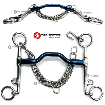 ON TIME TRADER ENGLAND® Portierte Weymouth Pelham blau süßes Eisen Pferd Bit Trense Größe 5"" 5,5"" 6"" Kette