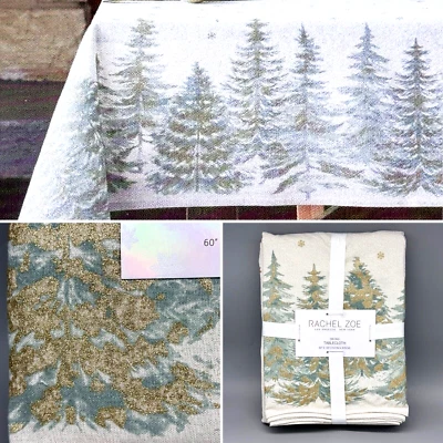 Rachel Zoe Christmas Trees Snowy Forest Snowflakes 60x120 Tablecloth Gold Silver