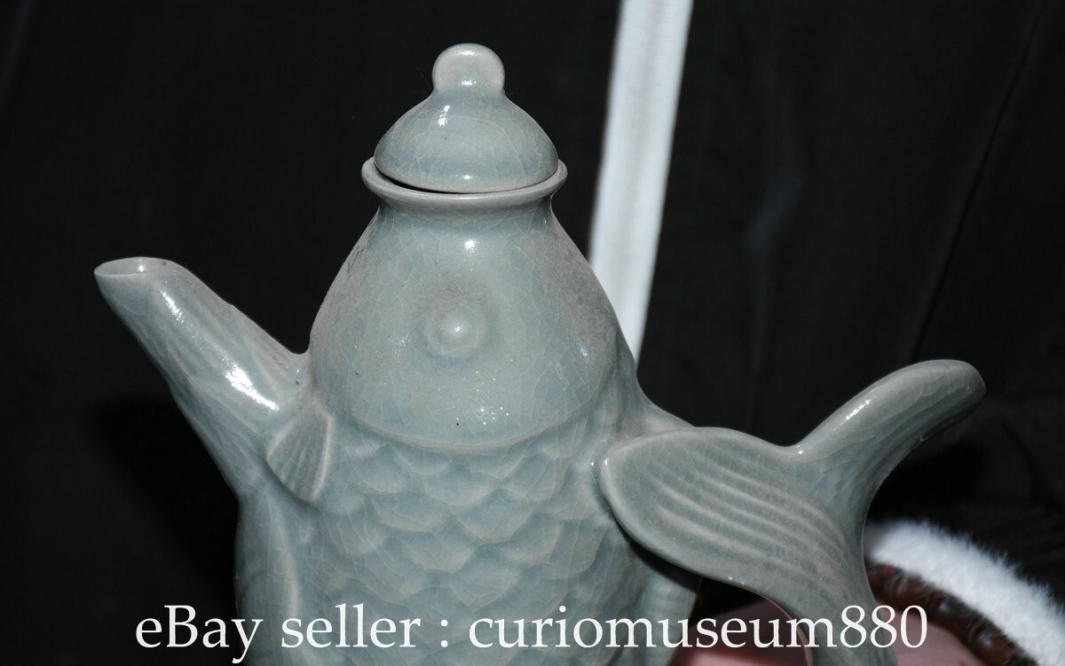 7.2" Old Chinese Ru Kiln Blue Glaze Porcelain Fish Lid Wine Tea Pot Flagon