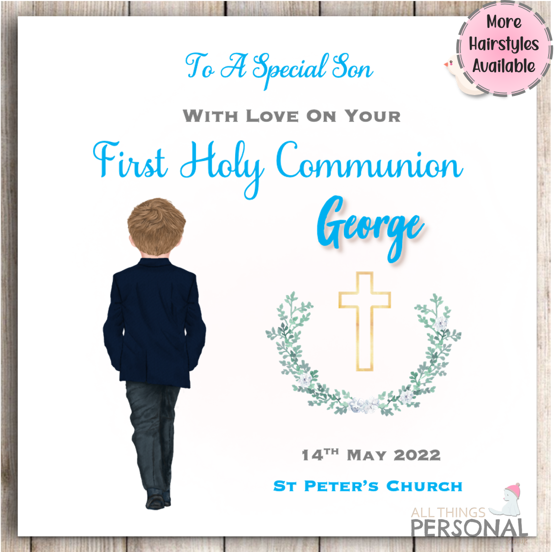 Personalised First Holy Communion Card Boys Son Godson Grandson Nephew Brother