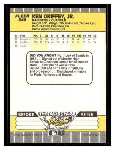 1989 Fleer #548 Ken Griffey Jr. RC - Picture 2 of 2