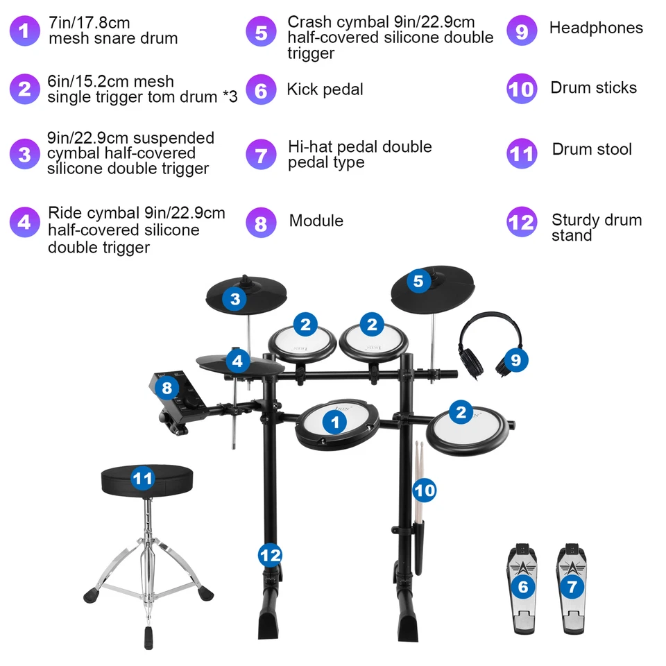 Juego de batería eléctrica USB MIDI Silent Mesh Pad Kit de batería electrónica 300 sonidos Foto 4 de 4