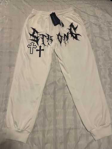 Romwe Men’s White Sweat Pants Size Small Strong Crosses Graphic Graffiti Grunge