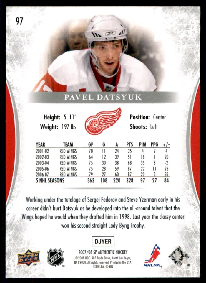 2007-08 SP Authentic Pavel Datsyuk #97 - Image 2 of 2