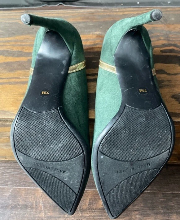Zapatos de salón Marc Fisher de gamuza verde brillante y dorado punta puntiaguda tacón de aguja talla 7 Foto 2 de 4