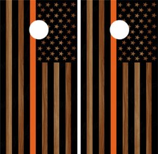 Thin Orange Line 4 American Flag black Woodgrain Cornhole Wraps Decals EMS