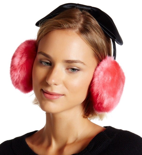 Kate Spade Black Satin Bow Headband Earmuffs with Faux Fur FLUFFY HUGE