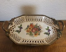 Vintage porcelain & bronze floral tray with gold accents Goldtone Metal Footed 