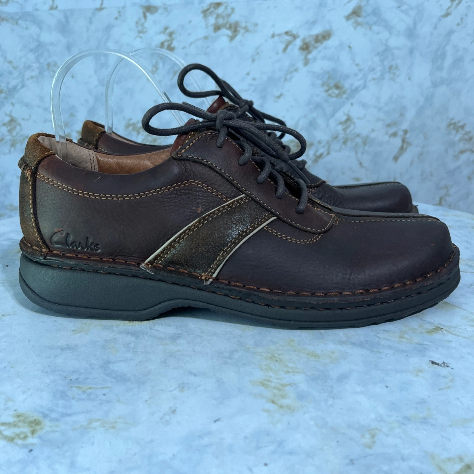 Scarpe Clarks Active uomo taglia 9M pelle marrone stringate comode casual Oxford