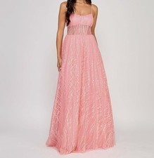 Say Yes Women's Junors Pink Illusion-Front Lace-up-Back Glitter Gown Dress 5/6