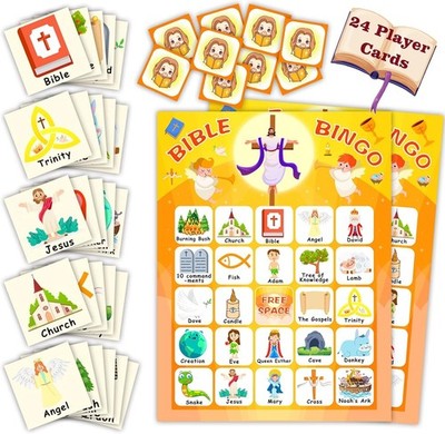 Bible Bingo Game for Kids and Adults - Christian Sunday Church Activity - 24 Car