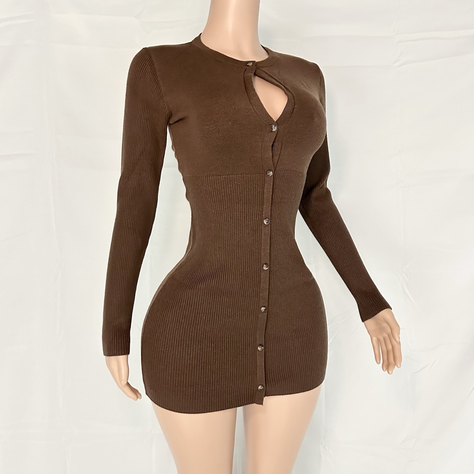 Solid Brown Long Sleeves Button Up Mini Bodycon D… - image 2