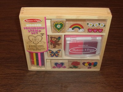 Melissa & Doug Wooden Friendship Stamp Set w/ 2 Color Stamp Pad 9 Stamps Pencils