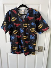 Justice League Superman, Batman, Wonder Woman Black Scrub Top Size S.