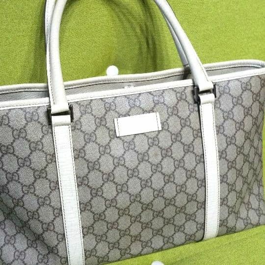 Gucci Gray Canvas Leather Tote Bag with Interior Pocket Authentic