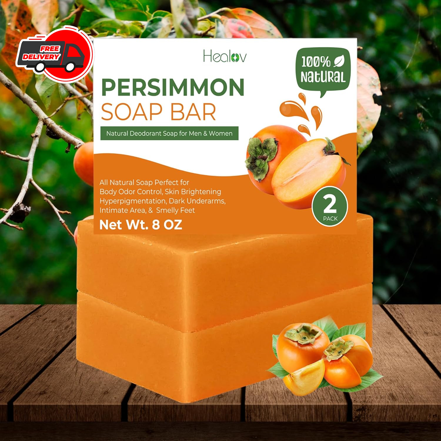 Persimmon Soap Bar Body Odor Control Deodorant Soap for Men & Women ( 2 X 8oz )