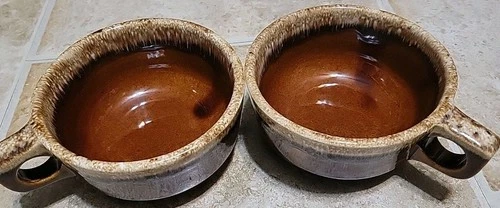 Set Of 2- Vintage Hull USA Brown Drip Glaze Pottery Handled Bowl Oven Safe