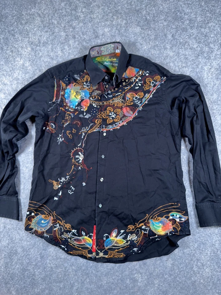 Robert Graham Limited Edition Mens shirt Black embroidered Silk Floral Sz L rare - Image 2 of 4