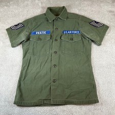 Vintage 70s US Air Force Shirt Mens S Olive OG-107 Cotton Sateen Military USA