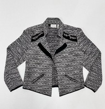Chicos Open Jacket Blazer Small Black White Tapestry Bolero Silver Chains Sz 0