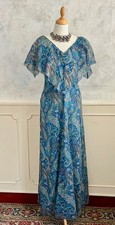 Vintage 1970's ENGLISH LADY Blue Paisley Angel Sleeve Cotton Blend Maxi Dress 8