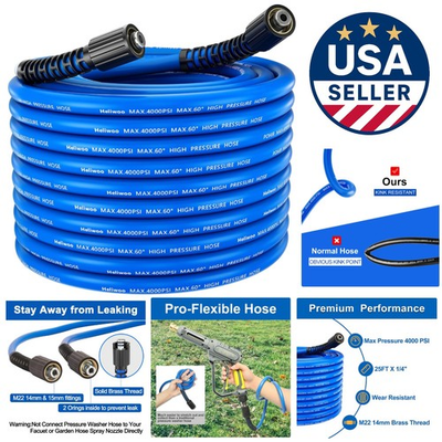 #ad 25FT Kink Free Pressure Washer Hose 4000 PSI Universal M22 Connectors $61.99