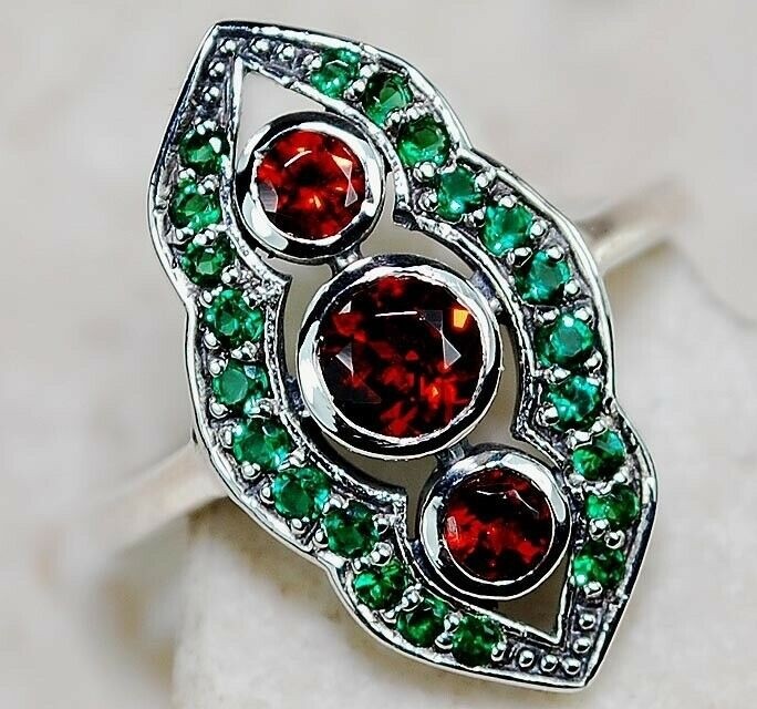 1CT Fire Garnet 925 Sterling Silver Art Nouveau Ring Sz 6 F3-7