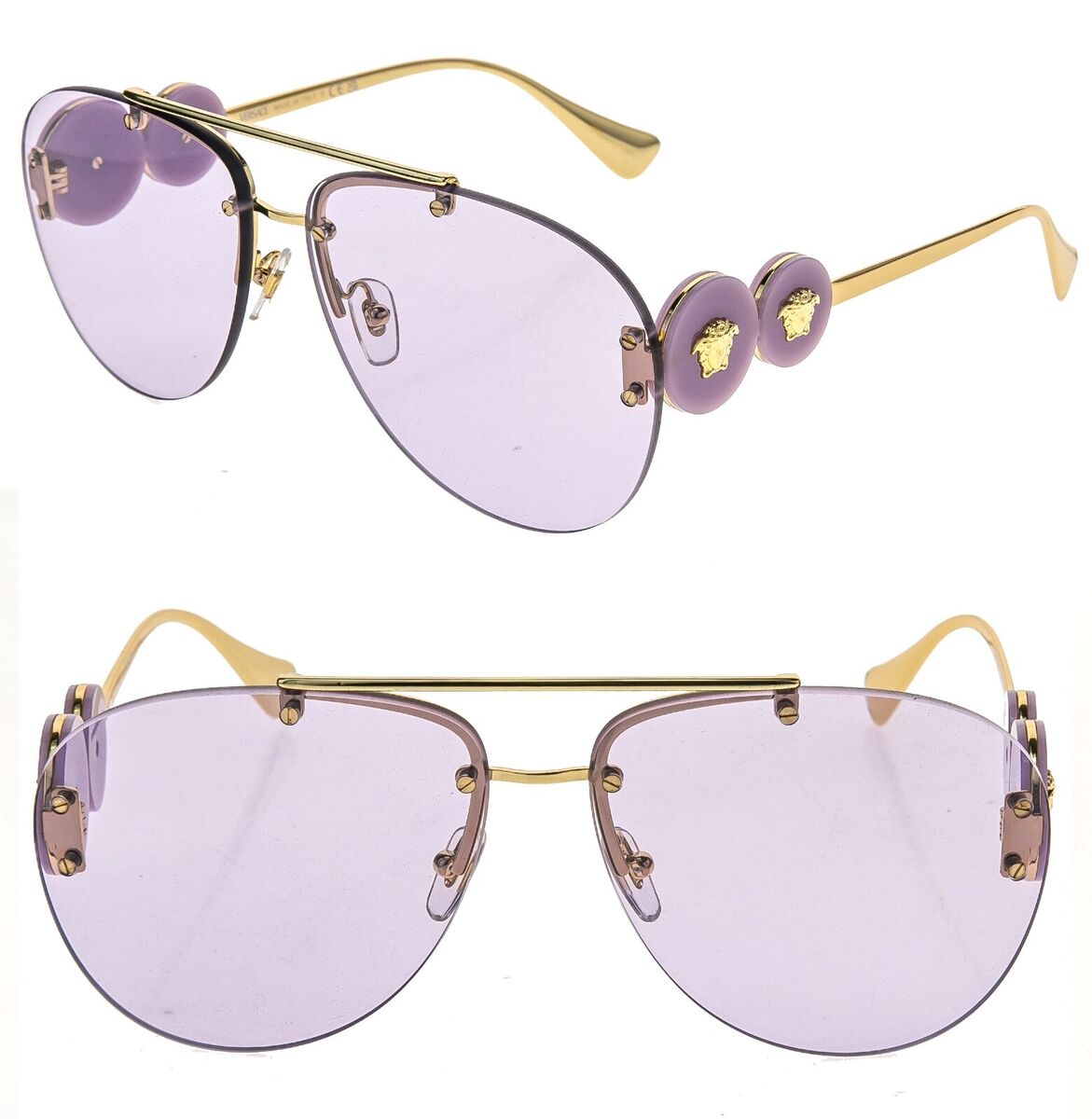 VERSACE Gold Lilac Coin Medusa Logo Aviator Metal Rimless VERSACE Gold Lilac Coin Medusa Logo Aviator Metal Rimless