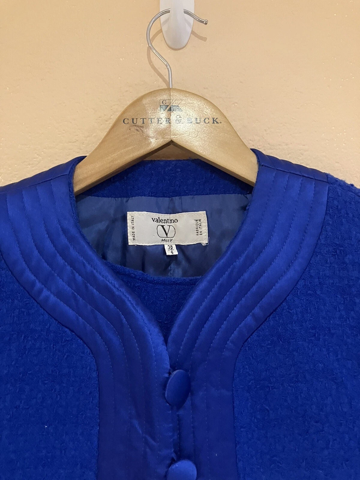 Giacca e abito vintage Valentino Miss V blu elettrico tweed scrollato taglia 38 UK 8