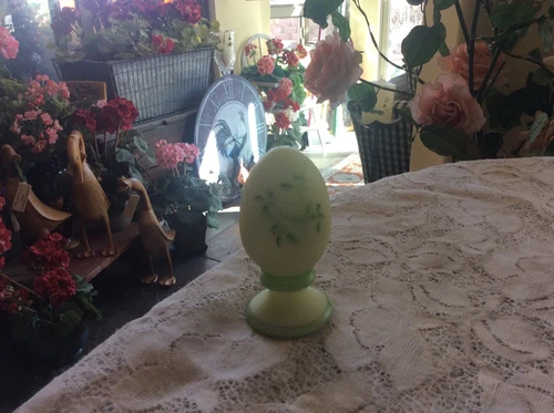 Vintage Fenton Vaseline Glass Custard Green Floral  Egg on Pedestal Stand