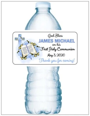 20 FIRST HOLY COMMUNION ROSES BIBLE PARTY Water Bottle Labels Personalized