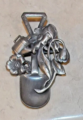 Vintage K&T Gardening Shovel Flowers Accessories Silvertone Pin Costume Jewelry