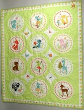 Vtg Baby Crib Quilt Blanket Lime Green Animals Skunk Owl Fox Giraffe Lamb Deer