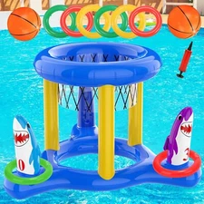 Floating Pool Games Kids Adults Family Basketball Hoop & Ring Toss Toy Set NEW