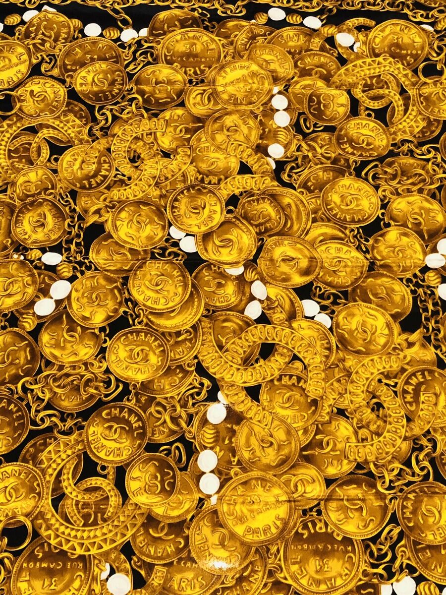 Vintage CHANEL CC Gold Black 100% Silk Coin Pearl Chain Vintage CHANEL CC Gold Black 100% Silk Coin Pearl Chain