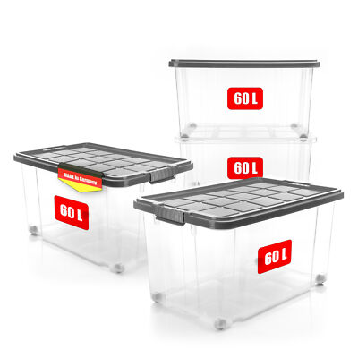 4x 60 L Aufbewahrungsbox mit Deckel groß stahlgrau - stapelbare robuste Box