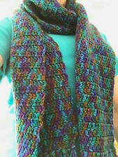 Hand Crocheted Long Scarf Variegated Yarn Teal and Purple Women
