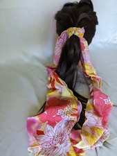 70's Style Pink  Yellow Floral Print Sheer Chiffon head wrap ponytail tie Scarf