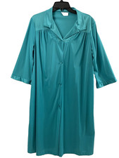 Vintage Vanity Fair Robe Womens Medium Teal Blue Nylon Button Down Sleepwear USA