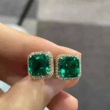Natural Green Emerald 3Ct Asscher Cut Halo Stud Earrings 14K Yellow Gold Plated